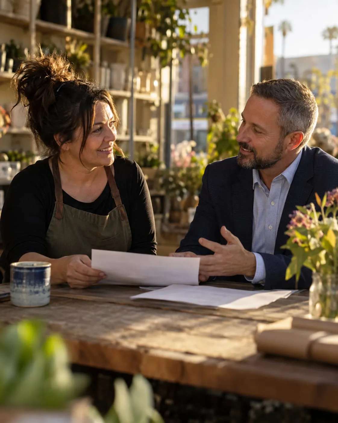A shop owner in an apron and a man in a blazer sit at a wooden table, talking over a sheet of paper.
