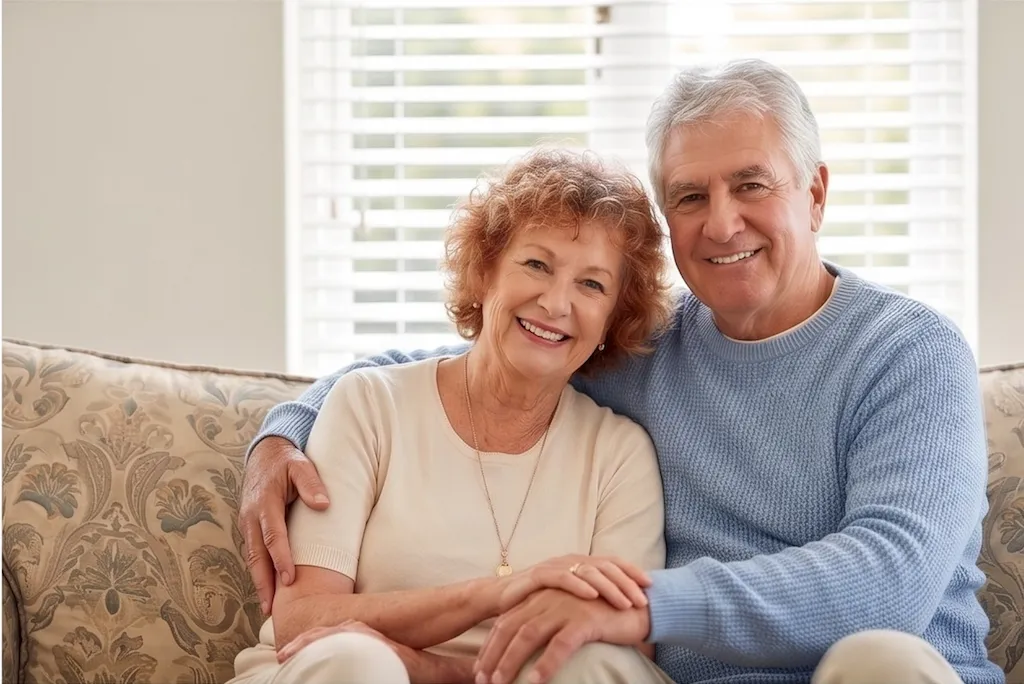 An older couple sitting together on a sofa at home, smiling.