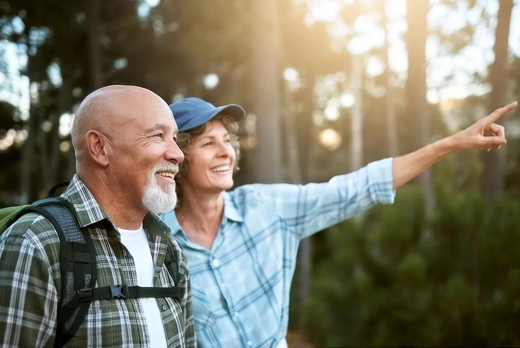 An older couple outdoors on a walk, one pointing toward the view.