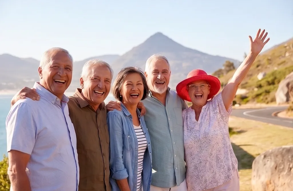 Five older friends smiling together outdoors near the coast.